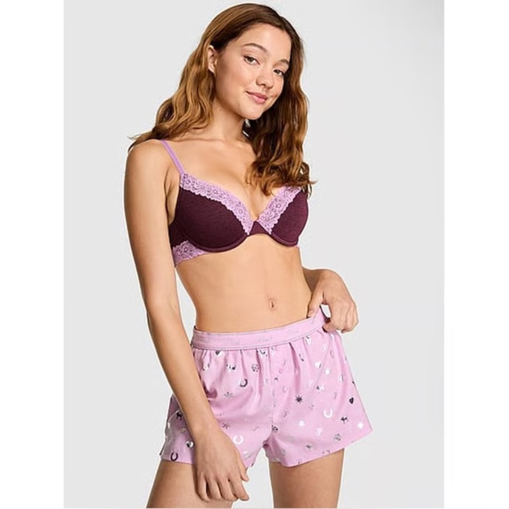 Victoria's Secret pink flannel boxy pajama shorts Hushed Lilac Foil Logo Print💜